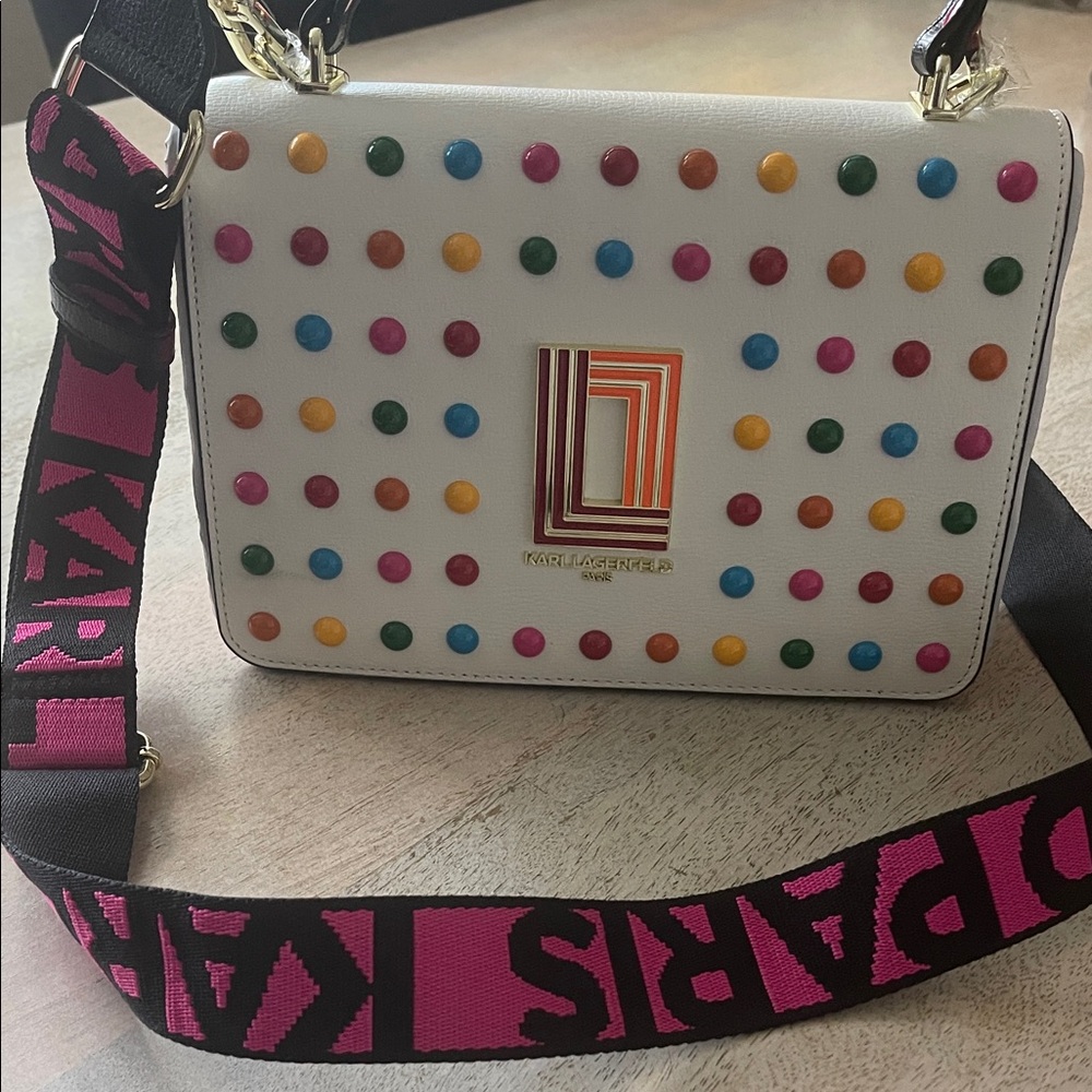 Karl Lagerfeld White Crossbody Bag with Multicolor Studs